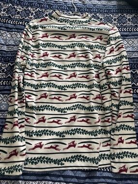 Karen Scott Cream Holiday Reindeer Stripe Long Sleeve Top